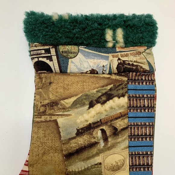 Christmas Stocking Quilted Patchwork Fabric Train Travel NEW 15” Handmade - Picture 2 of 4